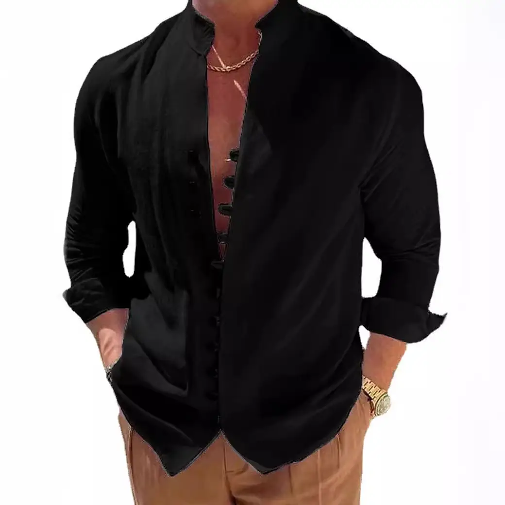Men's Cream Linen Button Front Shirt - Image 11
