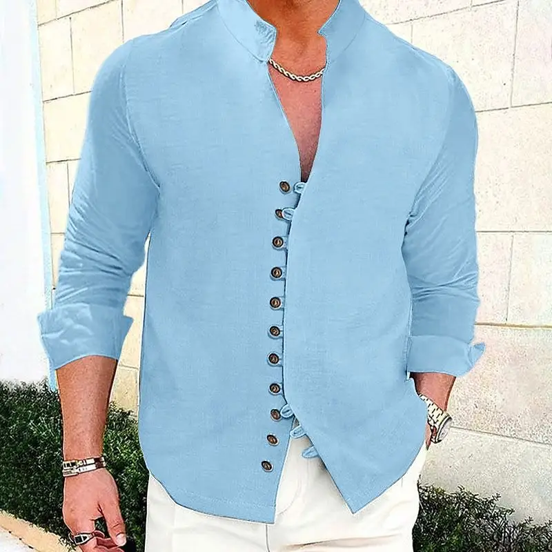 Men's Cream Linen Button Front Shirt — feature 13