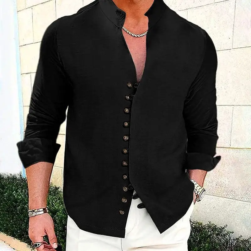 Men's Cream Linen Button Front Shirt — feature 14