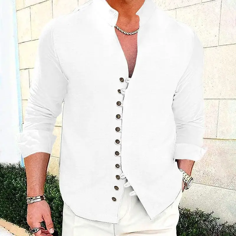 Men's Cream Linen Button Front Shirt — feature 2