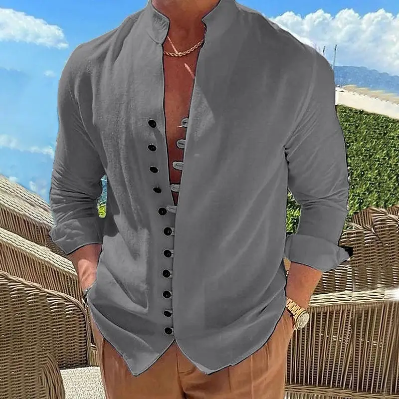 Men's Cream Linen Button Front Shirt — feature 6