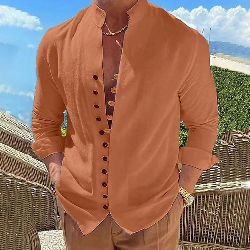 Men's Cream Linen Button Front Shirt — feature 8