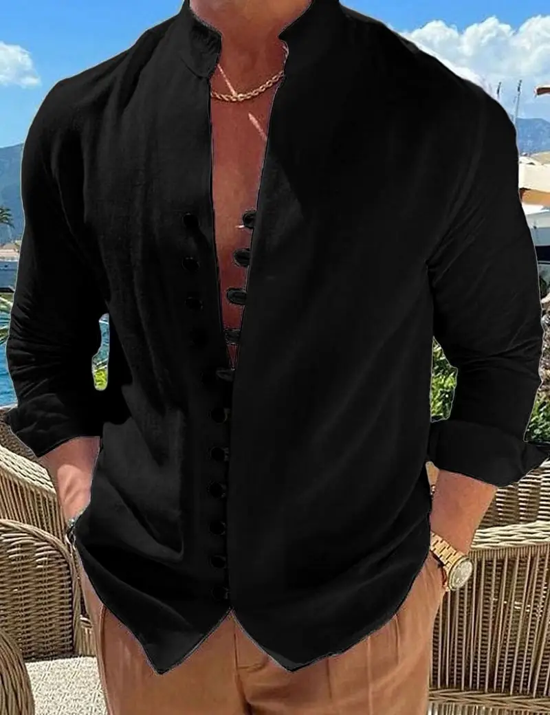 Men's Cream Linen Button Front Shirt — feature 9