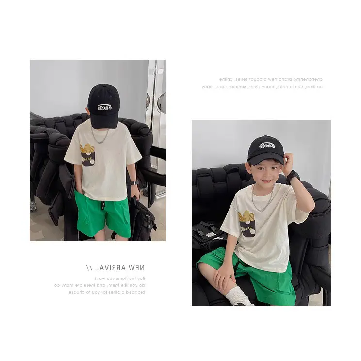 Boys T-Shirt White Green Shorts Summer New Style - Image 3