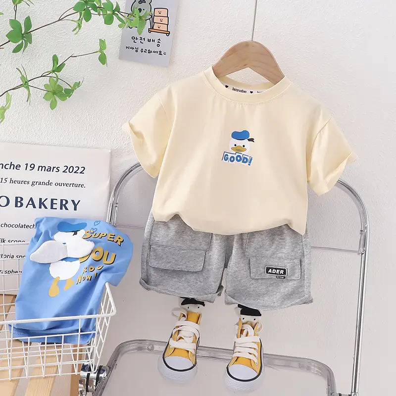Boys Cotton T-Shirt Shorts Set Cream Grey Summer 2023 - Image 3