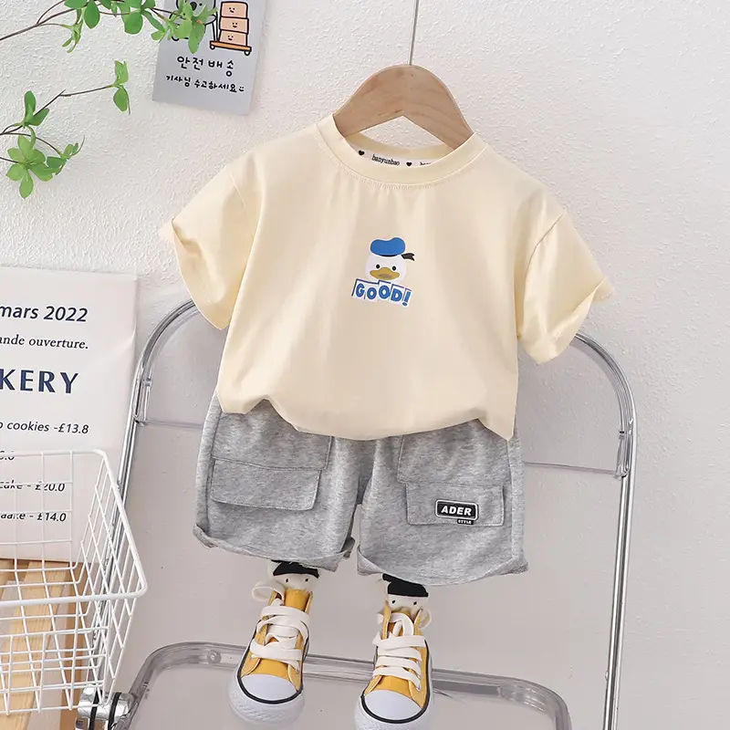 Boys Cotton T-Shirt Shorts Set Cream Grey Summer 2023 - Image 2