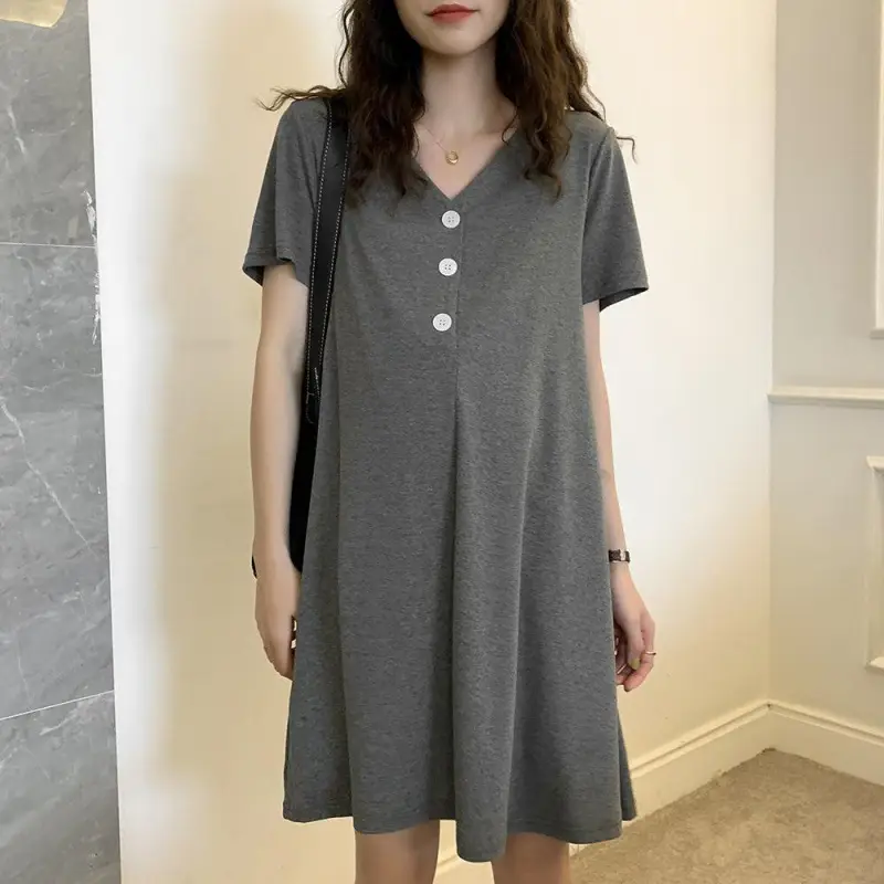 Pregnant Women's Grey V-Neck Mid-Long T-Shirt Large - Image 6