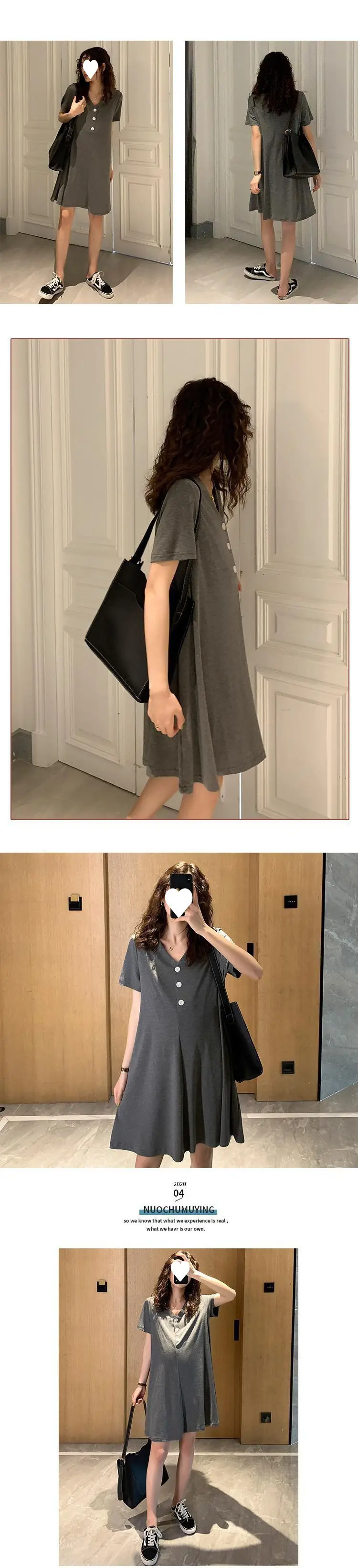 Pregnant Women's Grey V-Neck Mid-Long T-Shirt Large — feature 2