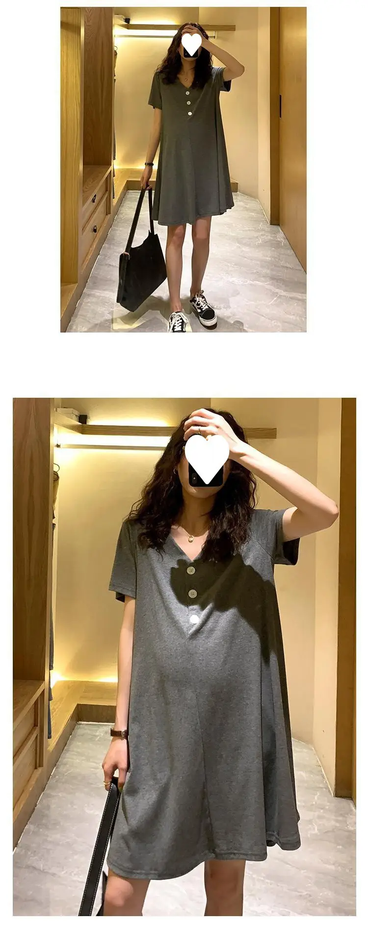 Pregnant Women's Grey V-Neck Mid-Long T-Shirt Large — feature 3