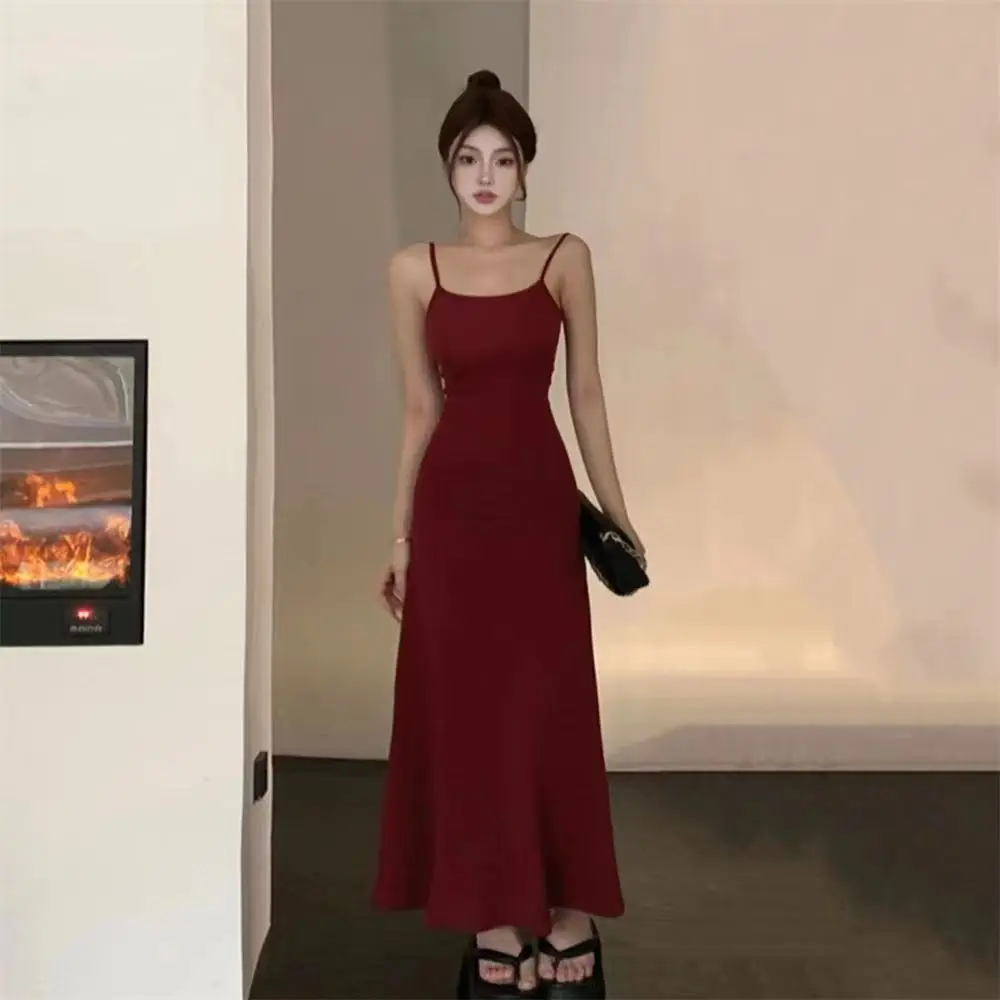 Women's Elastic One Shoulder Long Skirt Dress Red 2025 — feature 27