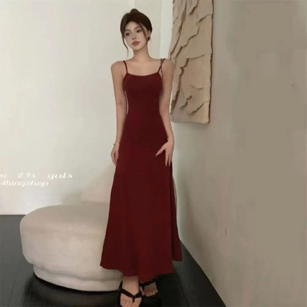 Women's Elastic One Shoulder Long Skirt Dress Red 2025 — feature 30