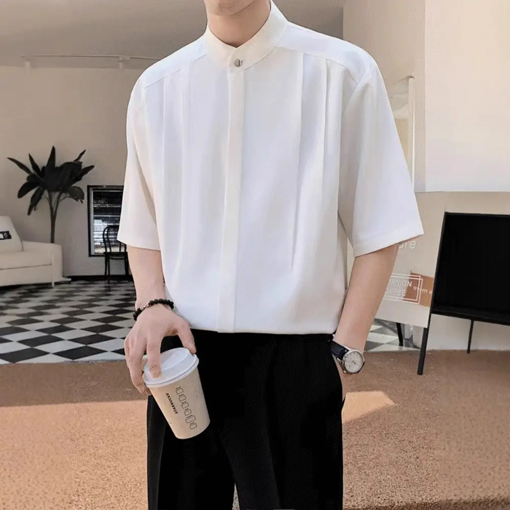 Men's White Ice Silk Short Sleeve Collar Shirt - Image 8