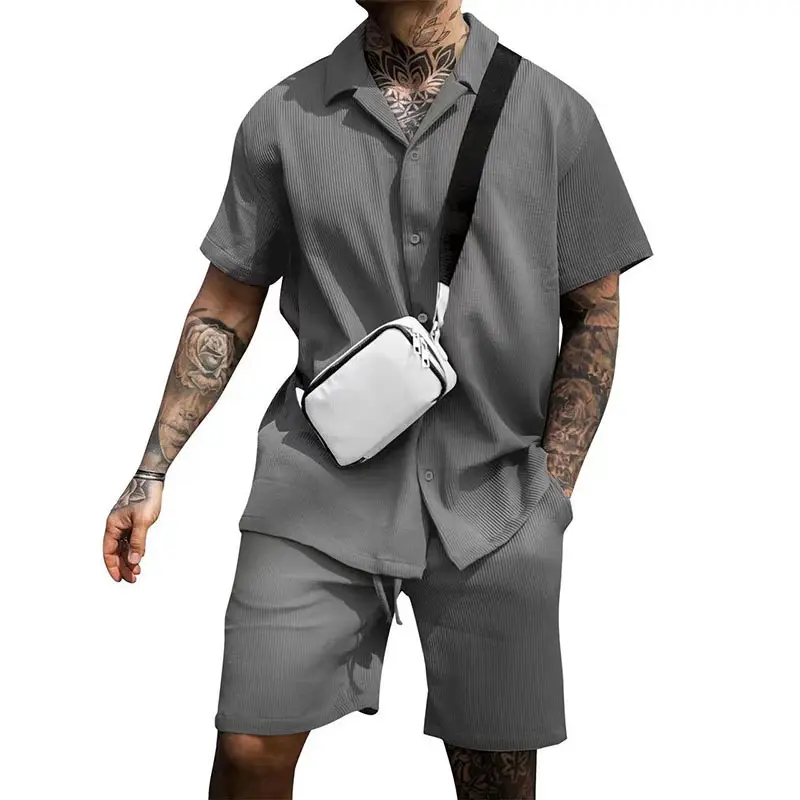 Men's Grey Casual Two-Piece Shorts Set with Crossbody Bag - Image 10