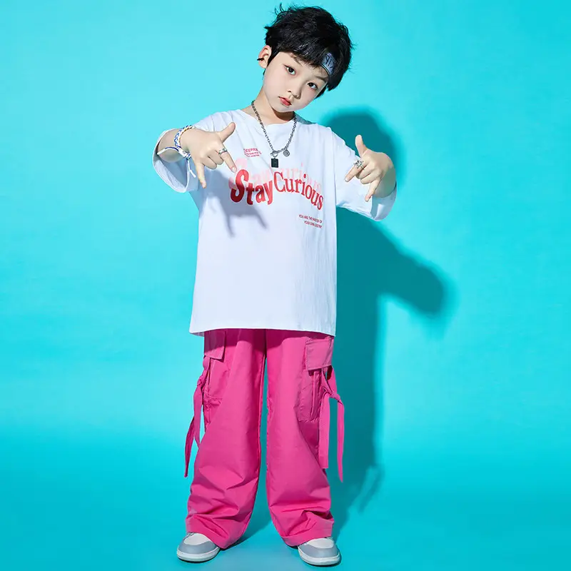 Children Street Dance Outfit Pink Cargo Pants Set - Image 6