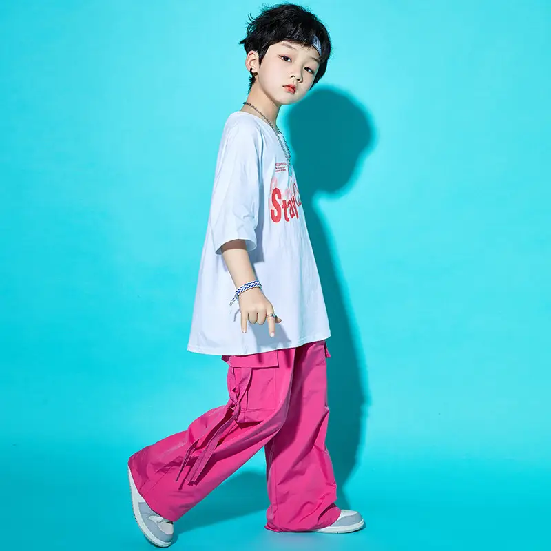 Children Street Dance Outfit Pink Cargo Pants Set - Image 7