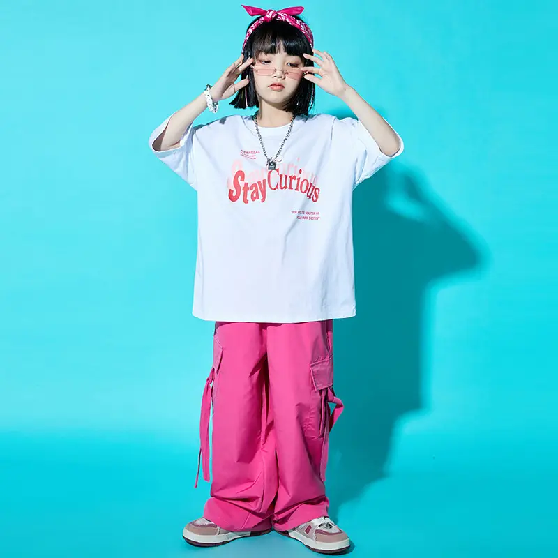 Children Street Dance Outfit Pink Cargo Pants Set - Image 8