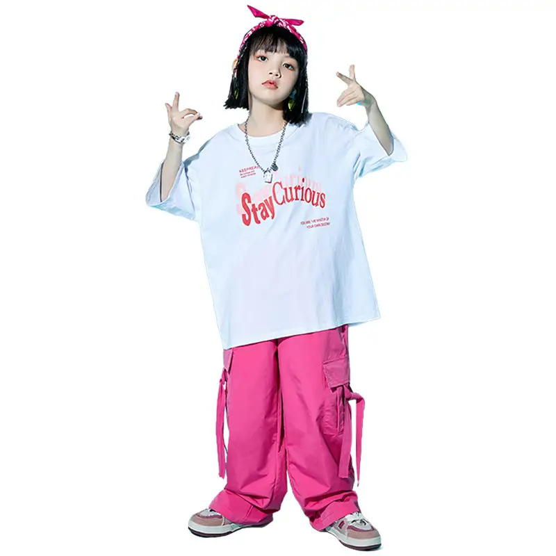 Children Street Dance Outfit Pink Cargo Pants Set - Image 9