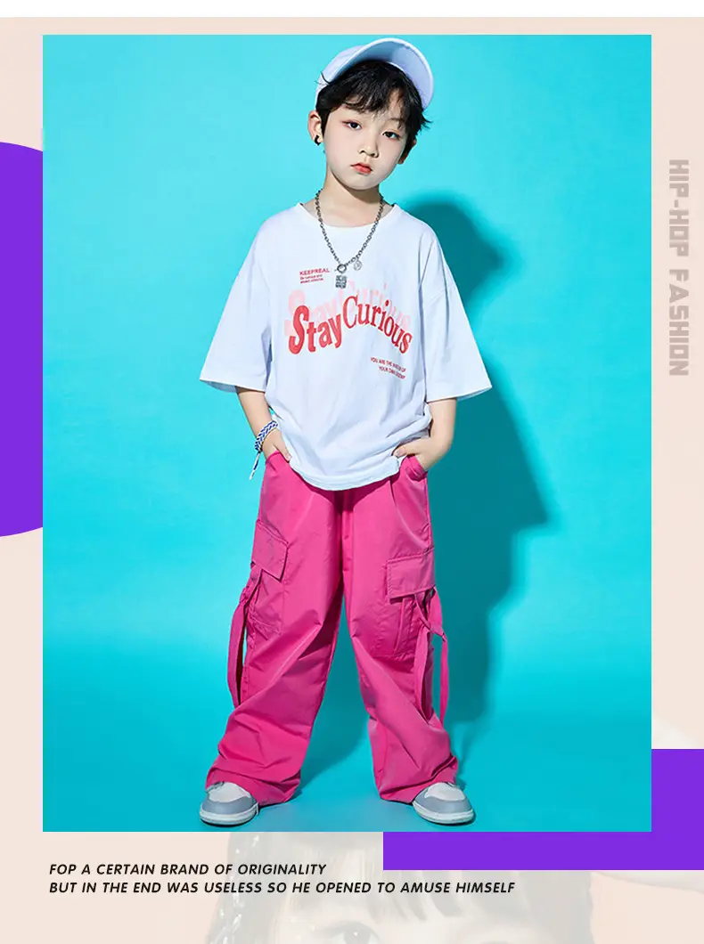 Children Street Dance Outfit Pink Cargo Pants Set — feature 10