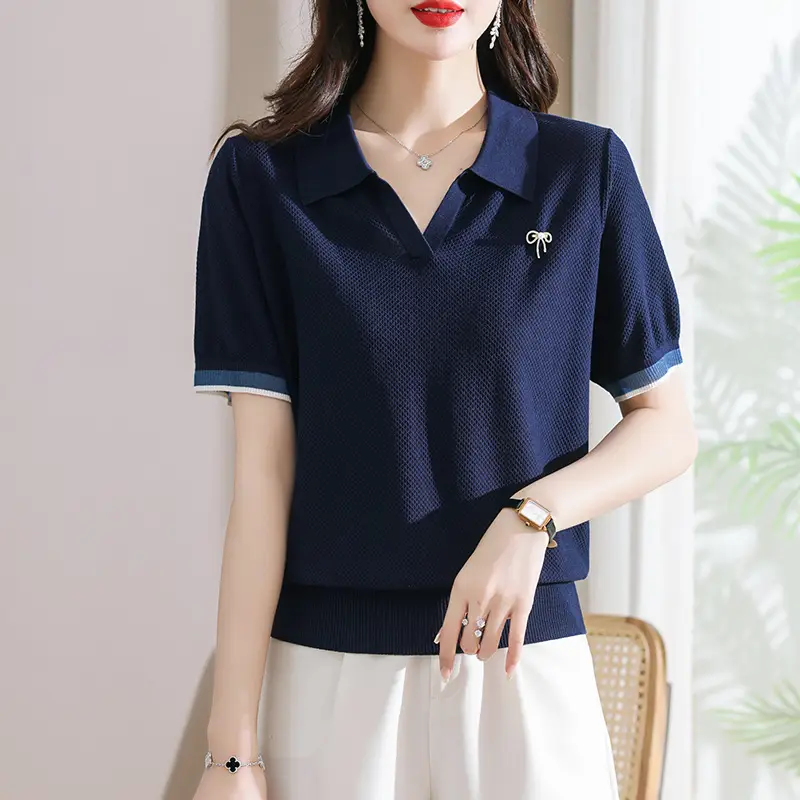 Women Lapel T-Shirt Navy Blue Summer Top - Image 3