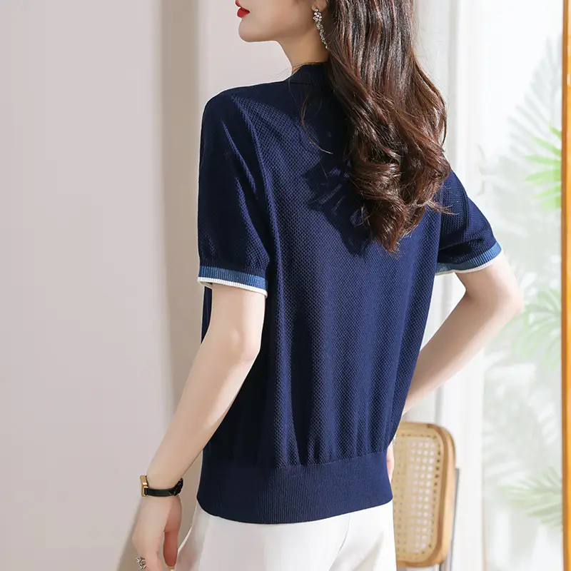 Women Lapel T-Shirt Navy Blue Summer Top - Image 4