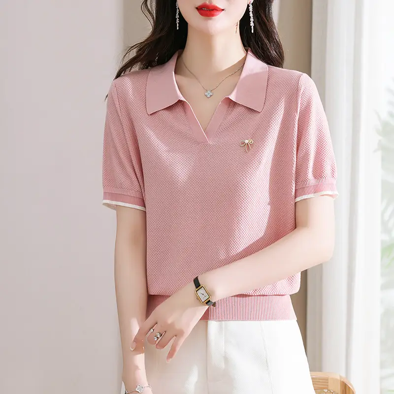 Women Lapel T-Shirt Navy Blue Summer Top - Image 2