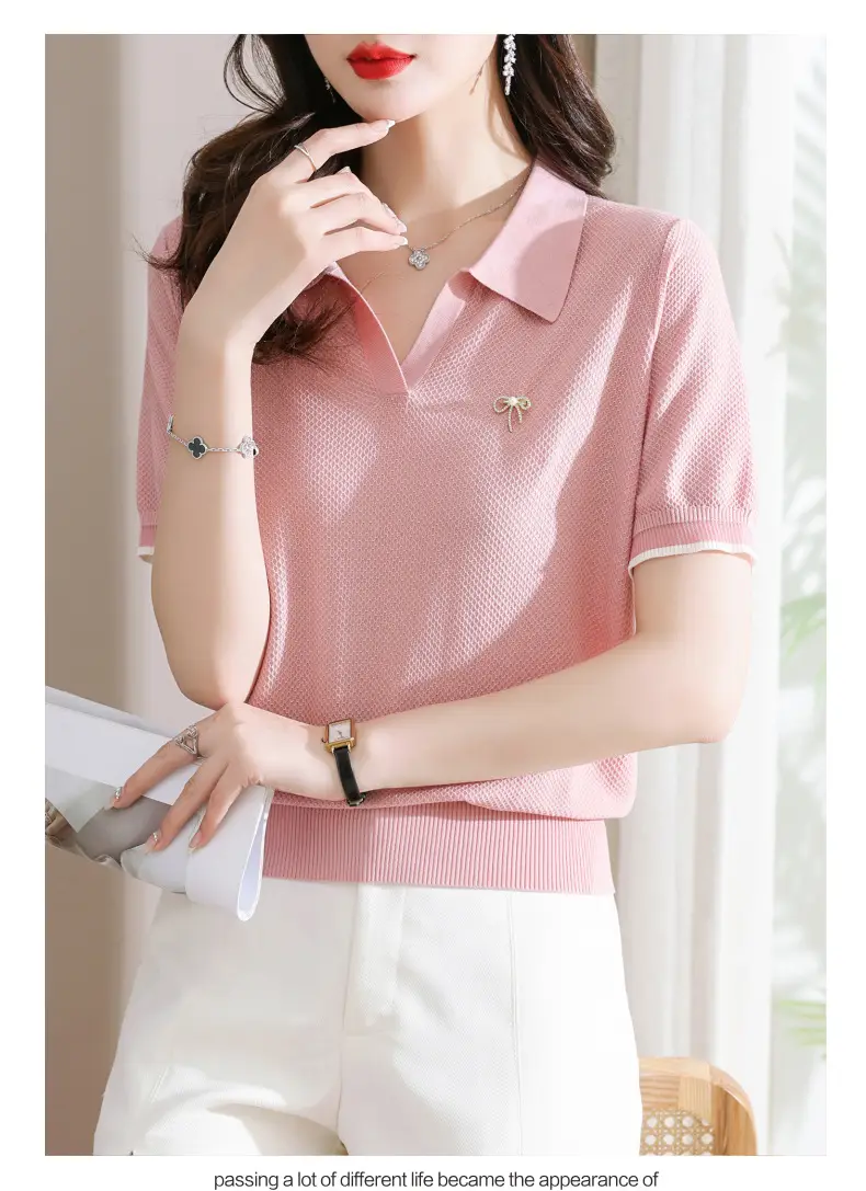 Women Lapel T-Shirt Navy Blue Summer Top — feature 10