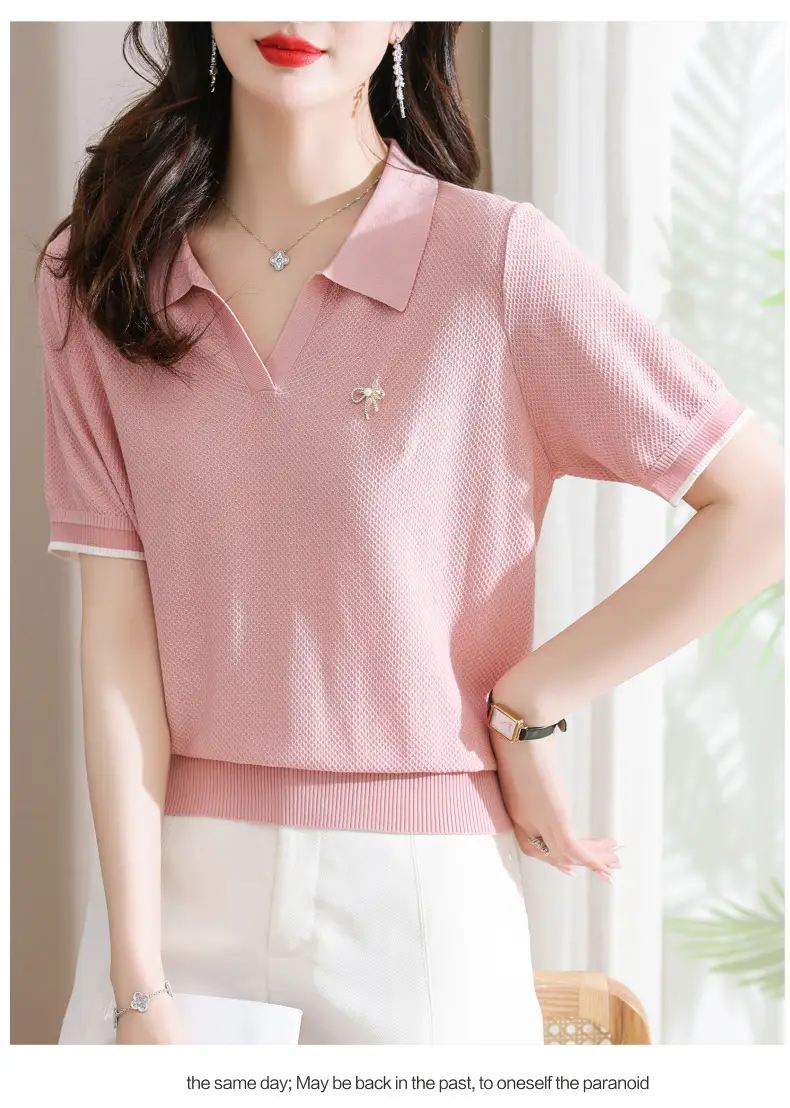 Women Lapel T-Shirt Navy Blue Summer Top — feature 11