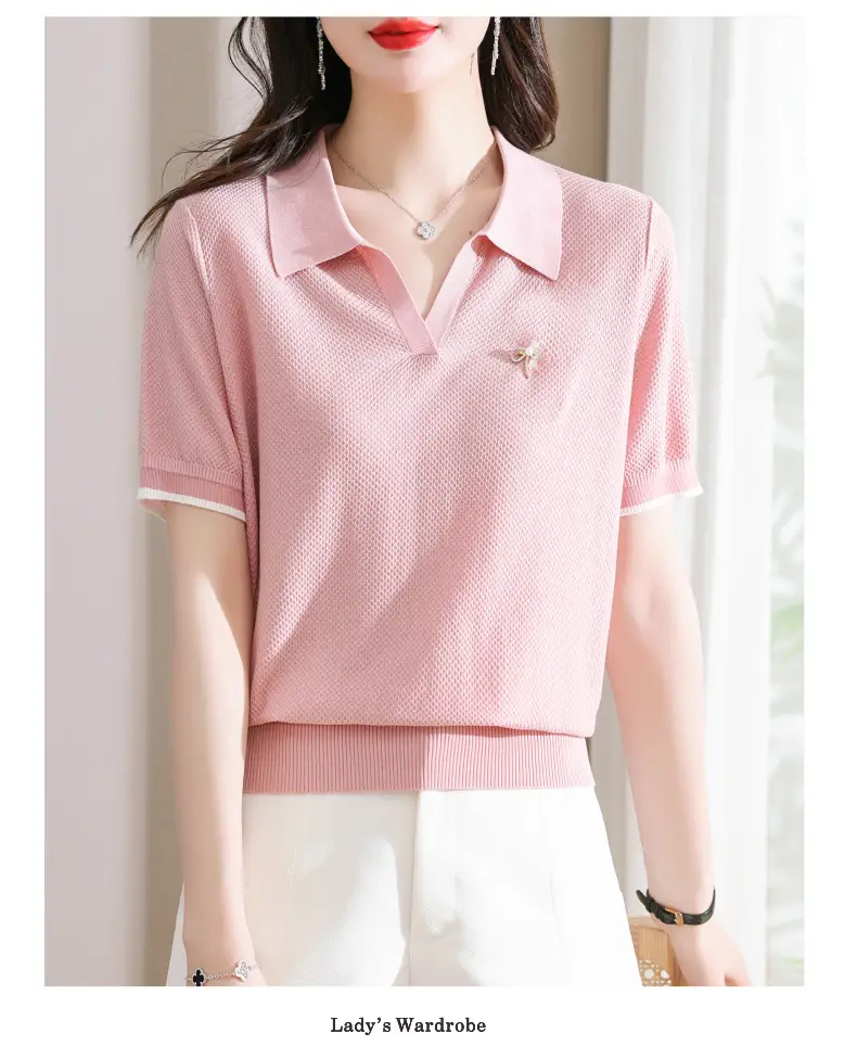 Women Lapel T-Shirt Navy Blue Summer Top — feature 12