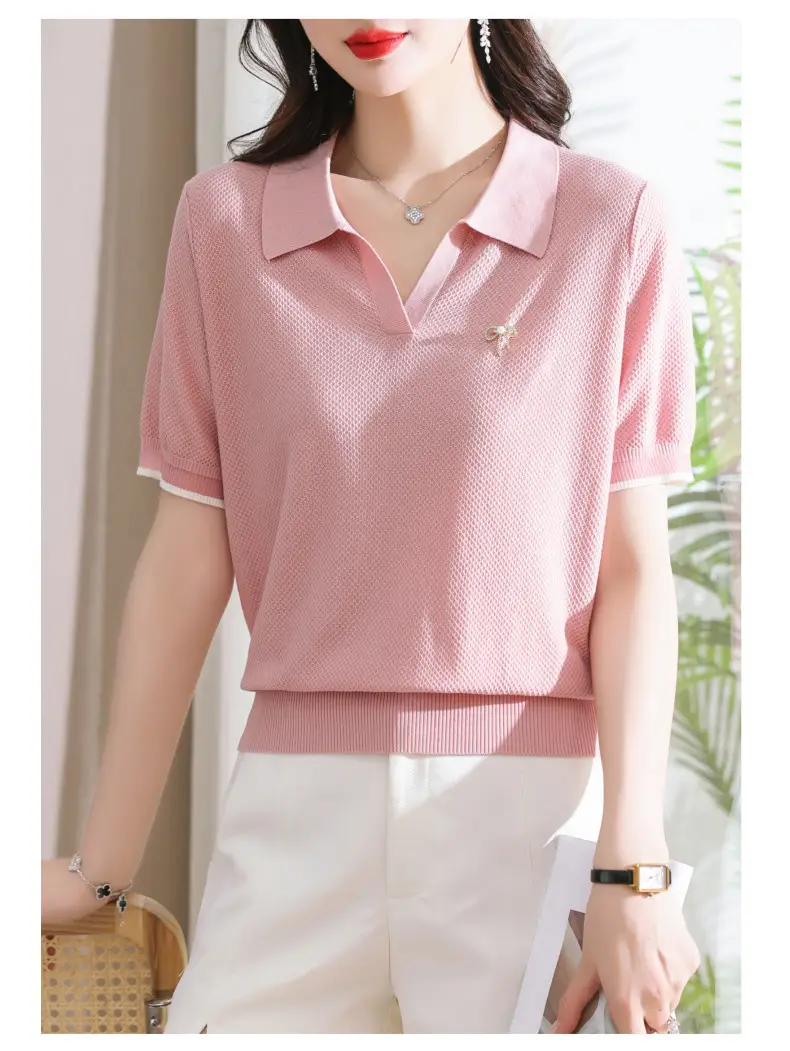 Women Lapel T-Shirt Navy Blue Summer Top — feature 13
