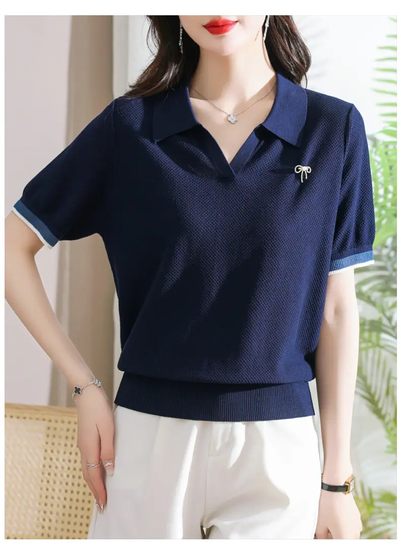 Women Lapel T-Shirt Navy Blue Summer Top — feature 14