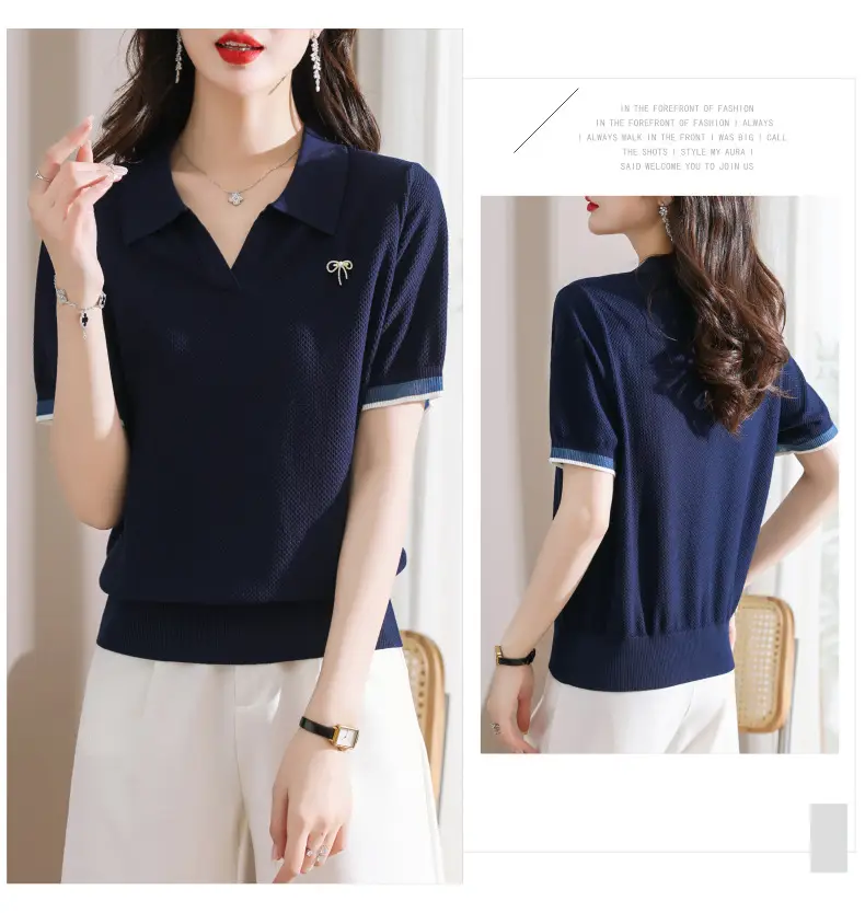 Women Lapel T-Shirt Navy Blue Summer Top — feature 15