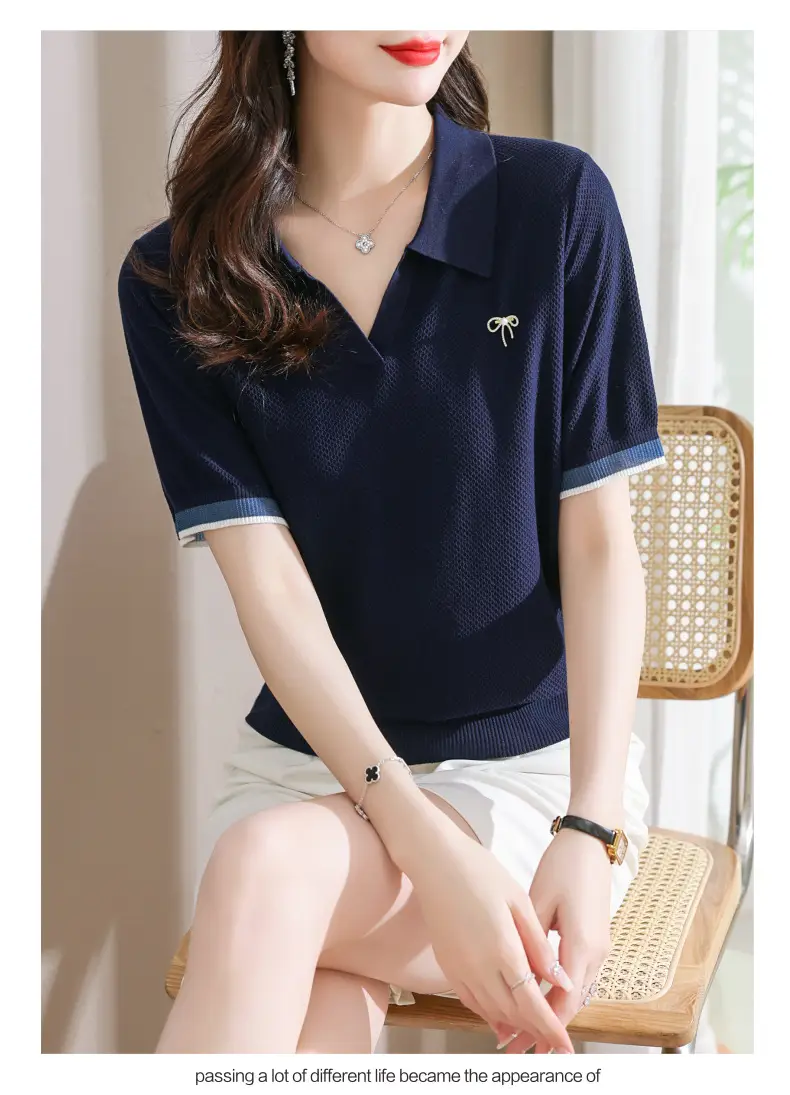 Women Lapel T-Shirt Navy Blue Summer Top — feature 16