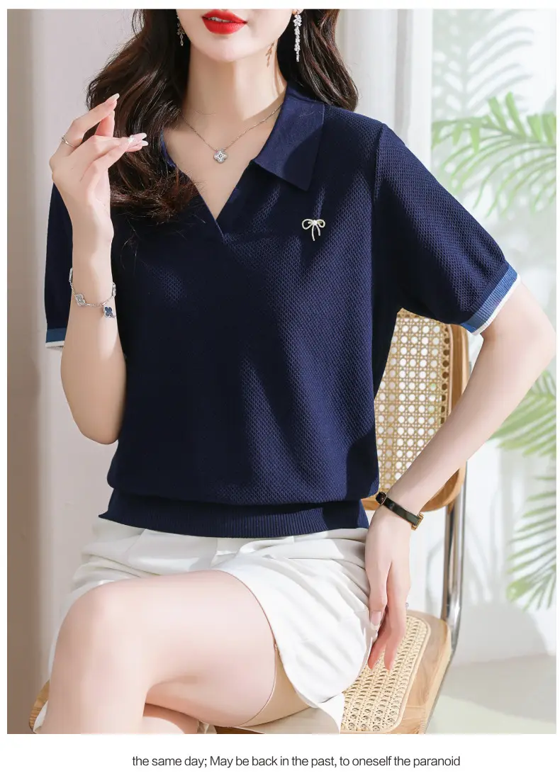 Women Lapel T-Shirt Navy Blue Summer Top — feature 17