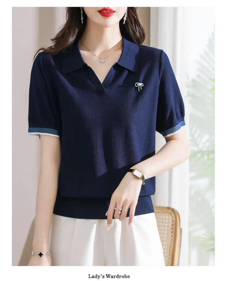 Women Lapel T-Shirt Navy Blue Summer Top — feature 18
