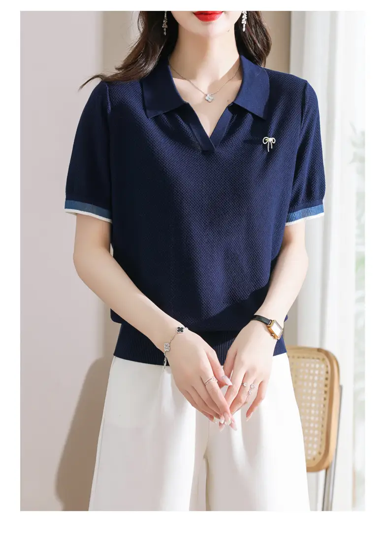 Women Lapel T-Shirt Navy Blue Summer Top — feature 19