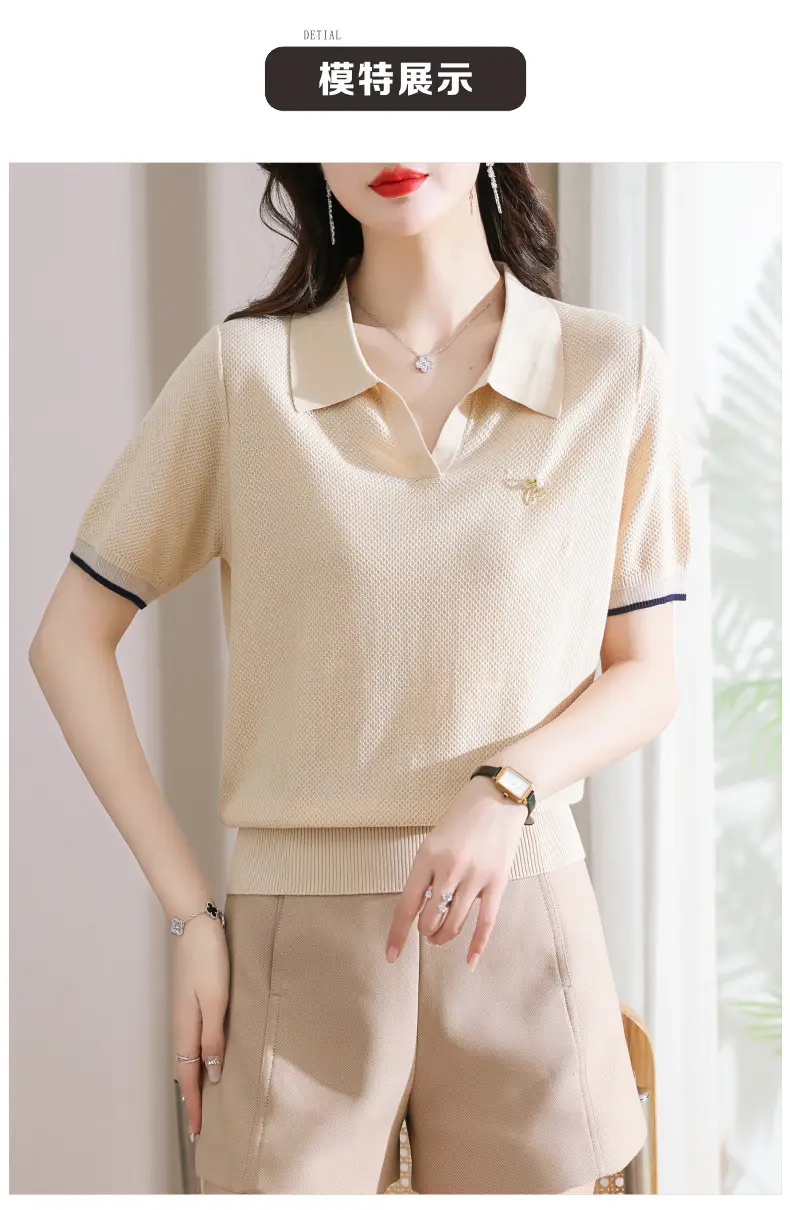 Women Lapel T-Shirt Navy Blue Summer Top — feature 2