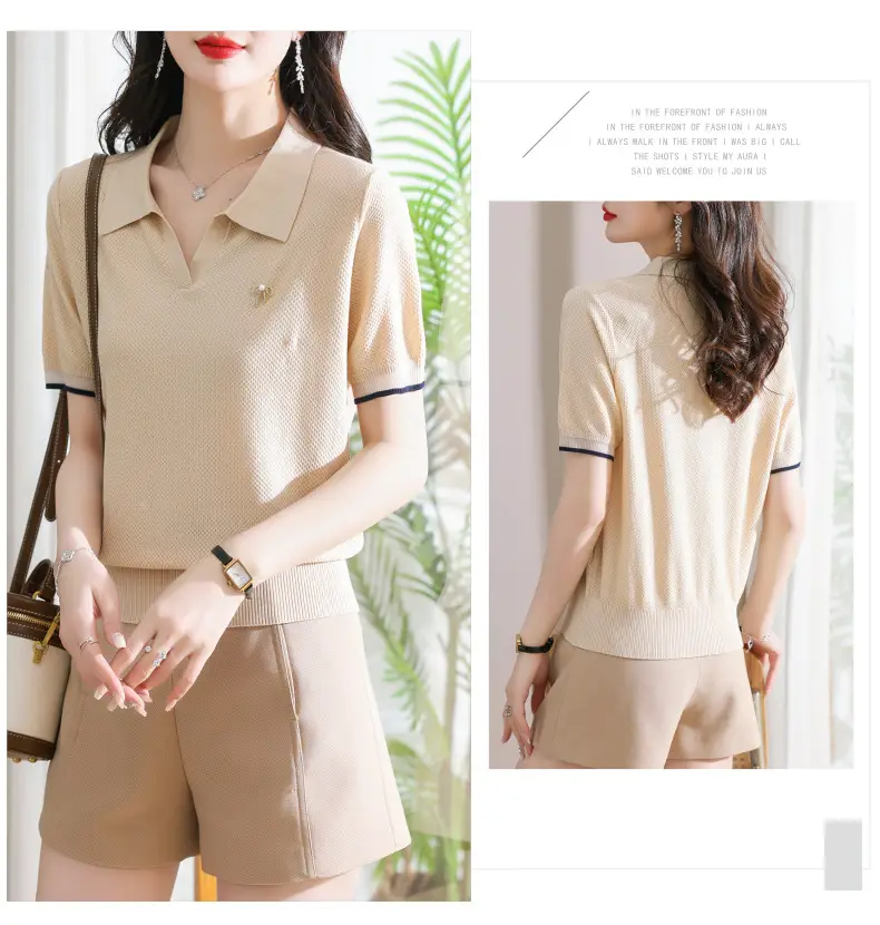 Women Lapel T-Shirt Navy Blue Summer Top — feature 3
