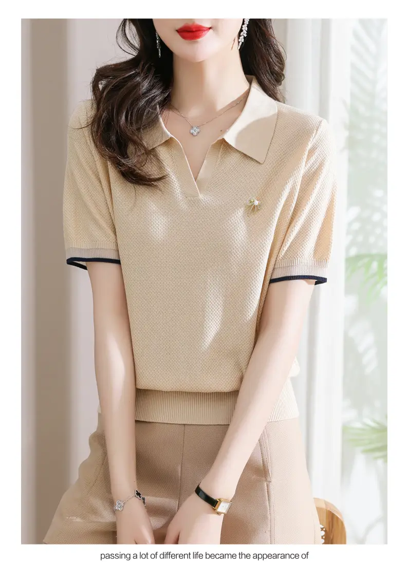 Women Lapel T-Shirt Navy Blue Summer Top — feature 4