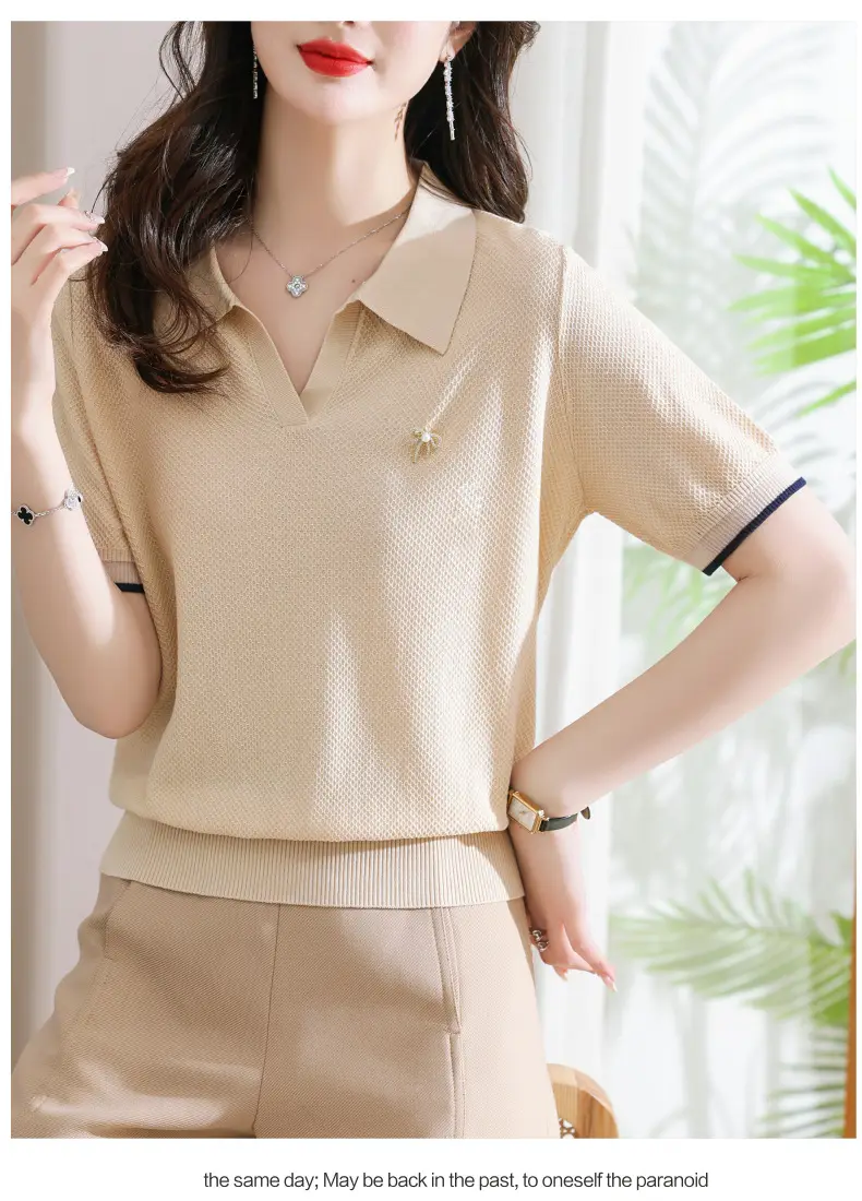 Women Lapel T-Shirt Navy Blue Summer Top — feature 5