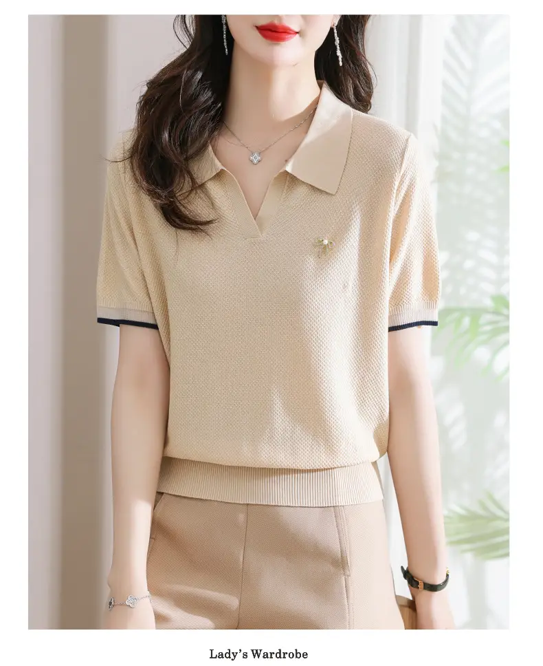 Women Lapel T-Shirt Navy Blue Summer Top — feature 6