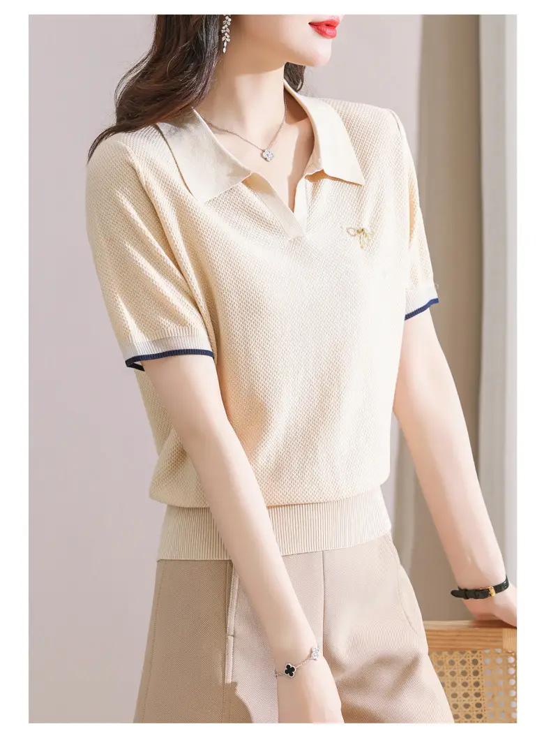 Women Lapel T-Shirt Navy Blue Summer Top — feature 7