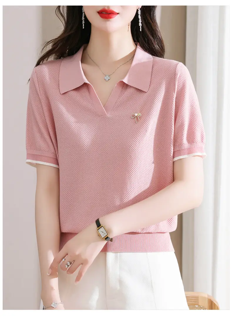 Women Lapel T-Shirt Navy Blue Summer Top — feature 8