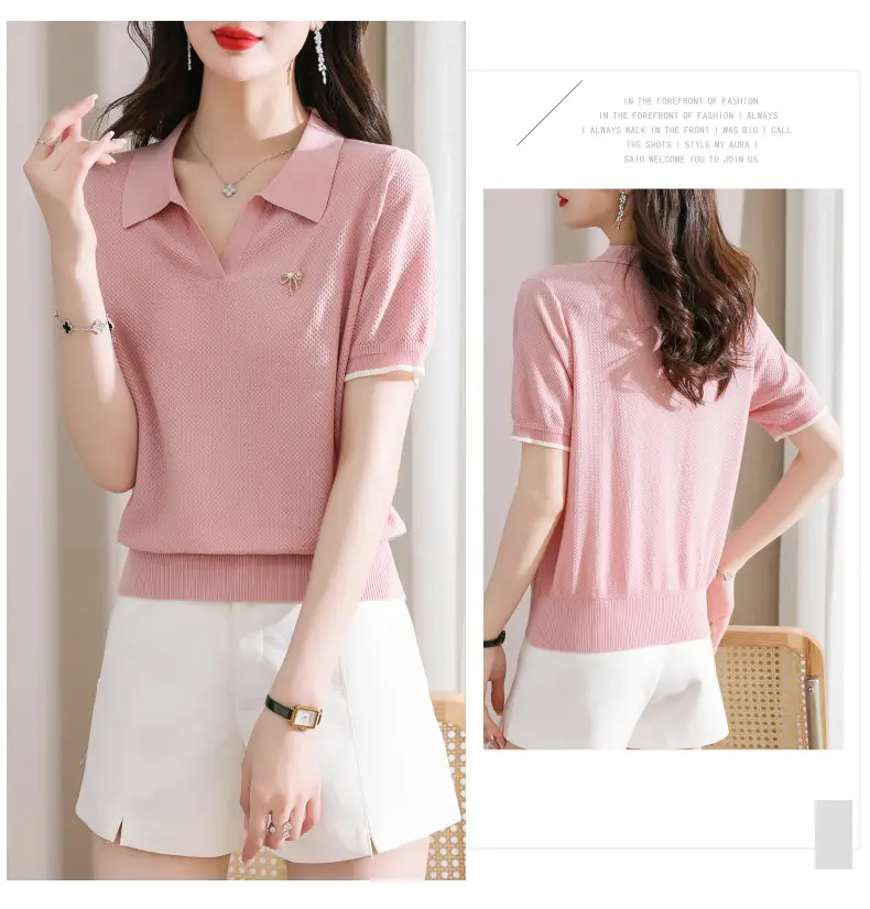 Women Lapel T-Shirt Navy Blue Summer Top — feature 9