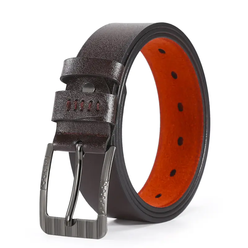 Men's Leather Belt with Orange Inner & Metal Buckle - Image 2