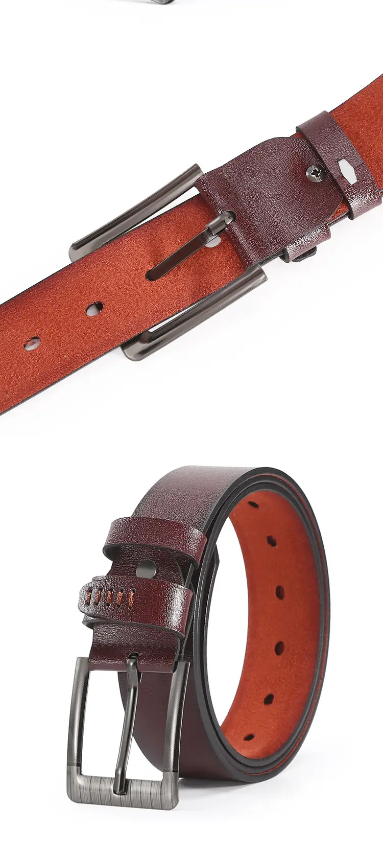 Men's Leather Belt with Orange Inner & Metal Buckle β feature 10