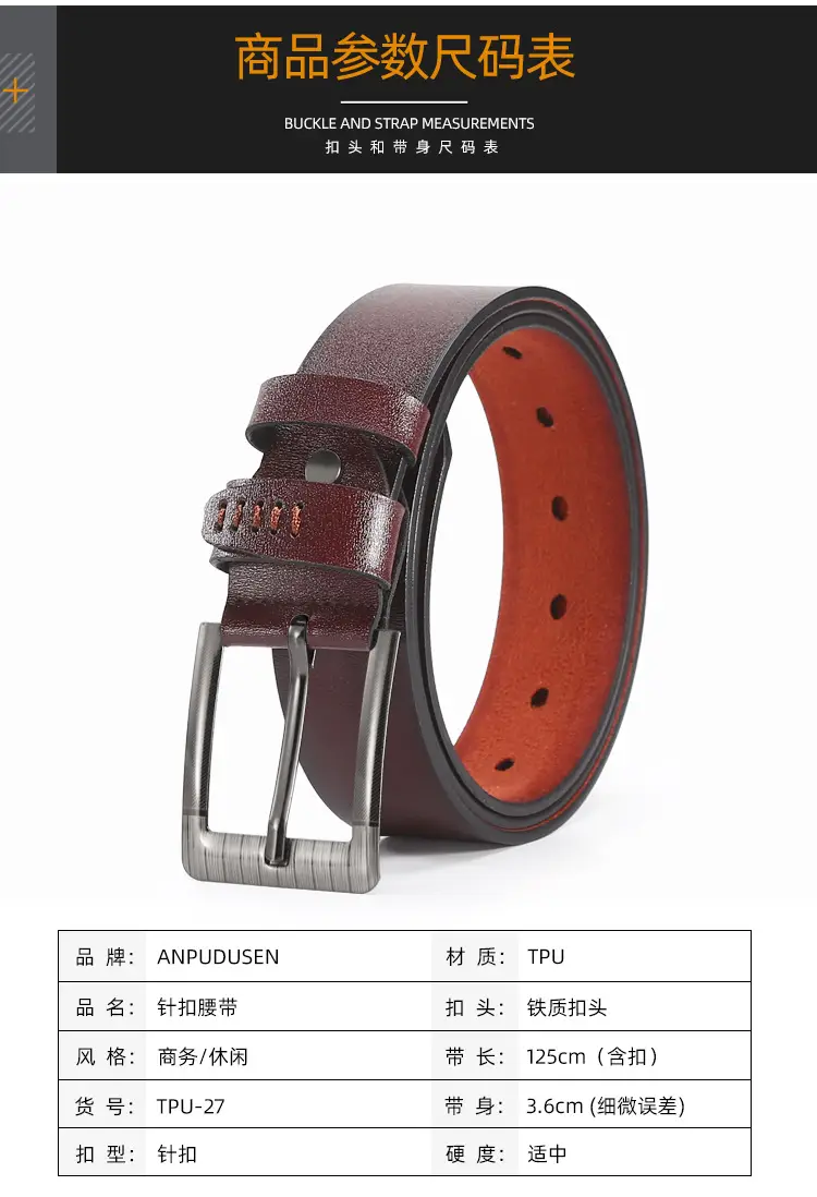 Men's Leather Belt with Orange Inner & Metal Buckle β feature 3