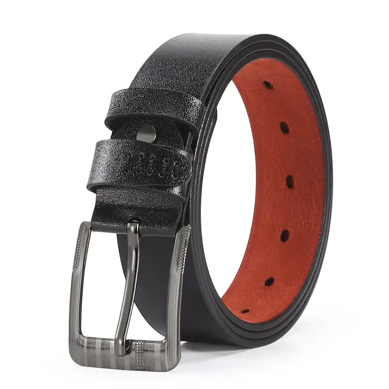 Men's Leather Belt with Orange Inner & Metal Buckle