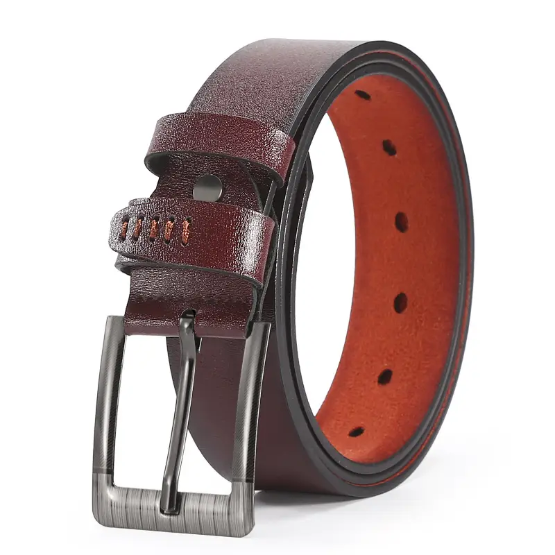 Men's Leather Belt with Orange Inner & Metal Buckle - Image 3