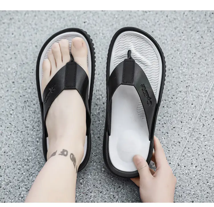 Men's Korean Leather Beach Flip Flops Large White — feature 18