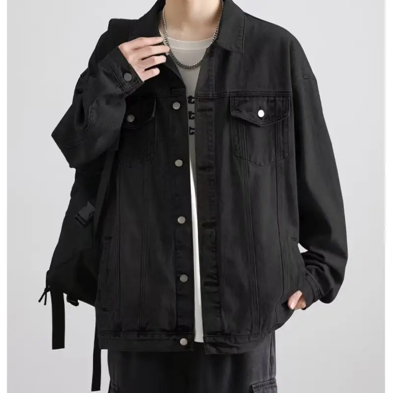 Men Korean Style Dark Denim Jacket Casual Work Top — feature 15